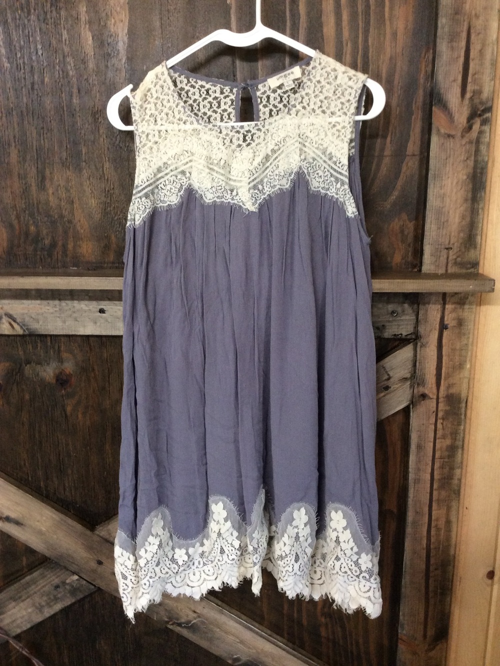 Umgee Dusty Blue Lace Yoke Mini Dress with Cream Trim